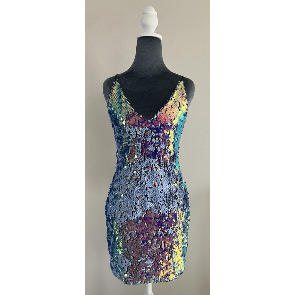 Dress Sleeveless Sequin Mermaid Blue Razor Back Club Party Rave V-Neck Vegas 3